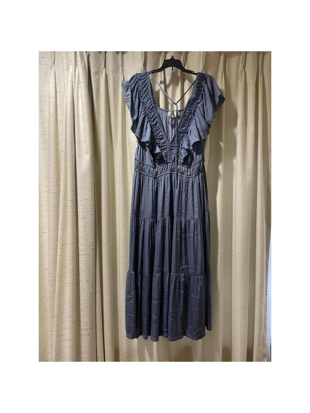 Women’s Anthropologie Ruffled Trim Tiered Silhouette Midi Dress Dusty Blue XL